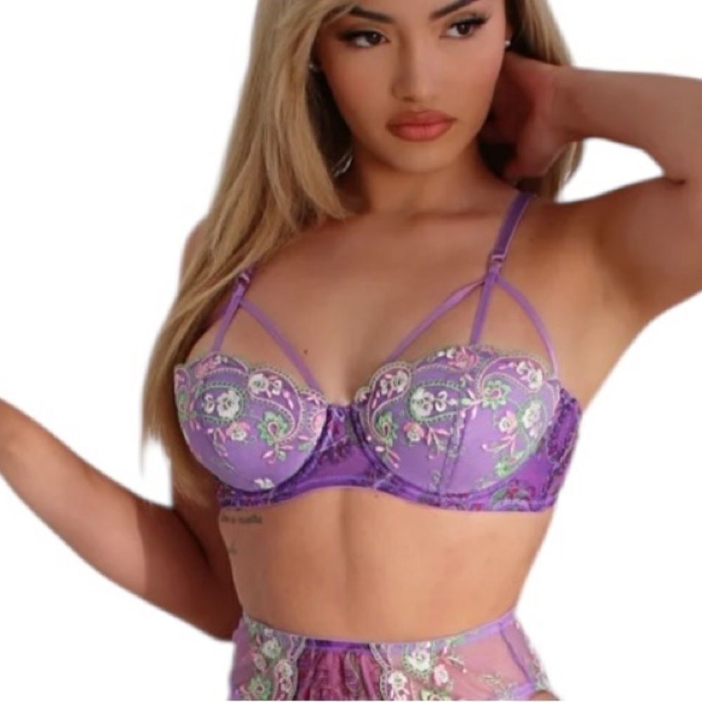 Savage xFenty bohemian Paisley, embroidered cage bra size 38B lavender purple